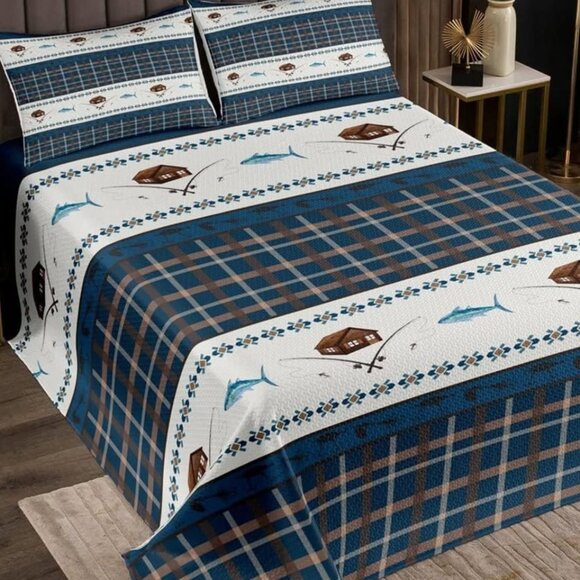 New 2 Piece Gone Fishing Bedspread Set - Twin Size - Picture 1 of 4